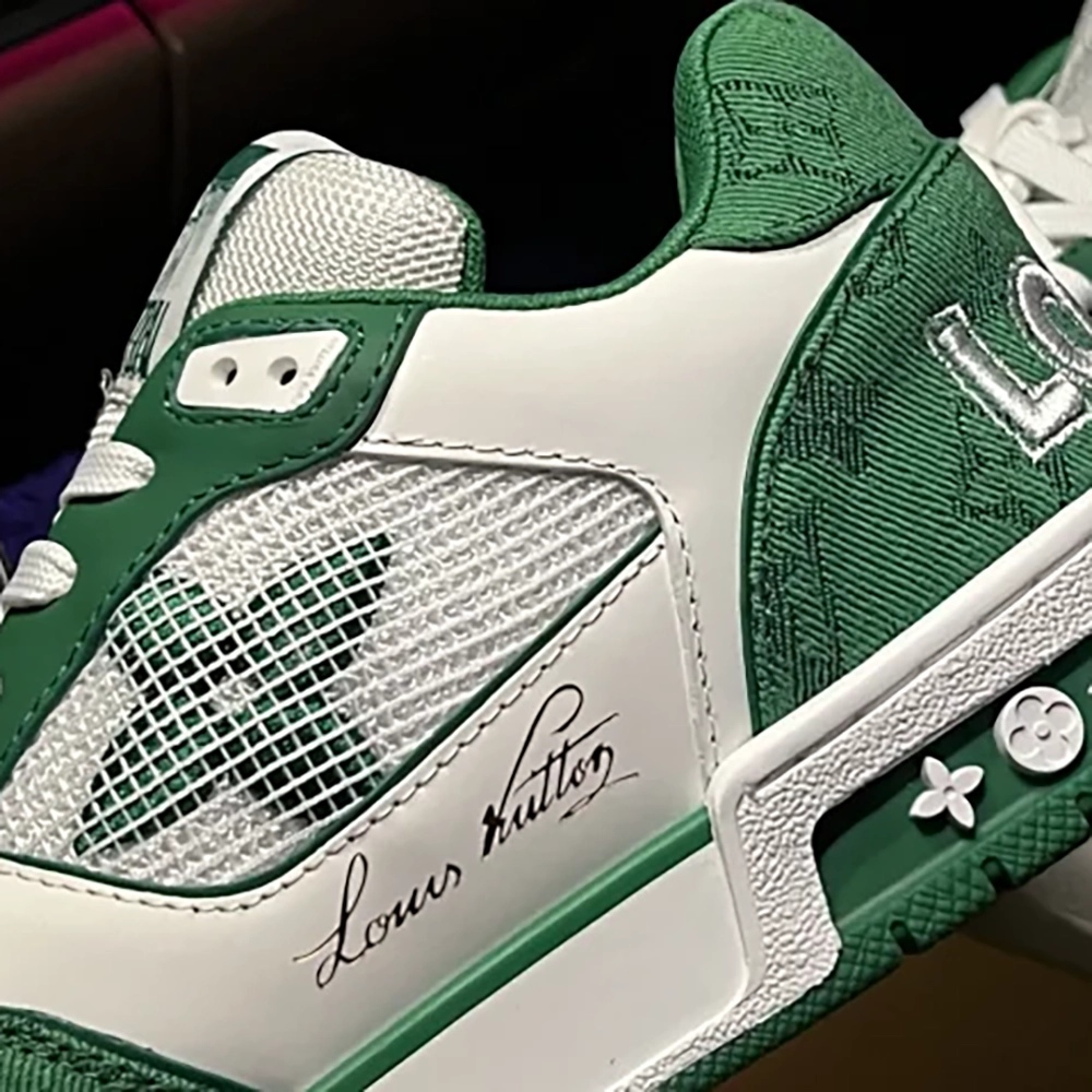 From lulusneakers: Louis Vuitton White & Green Strap 'LV Trainer